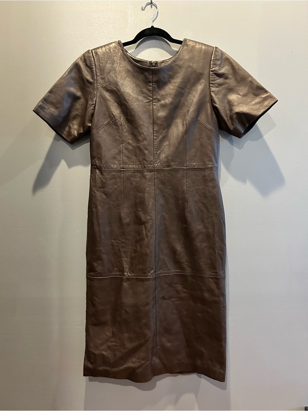 Classic Brown Leather Short-Sleeve Sheath Dress - midi length